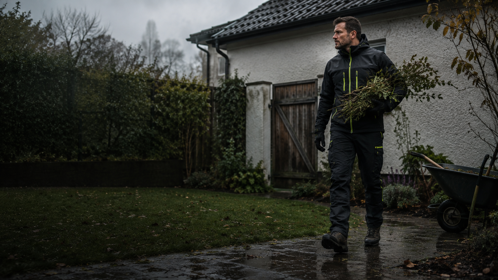 UltraLand - carrying pruned branches in a garden after rain
