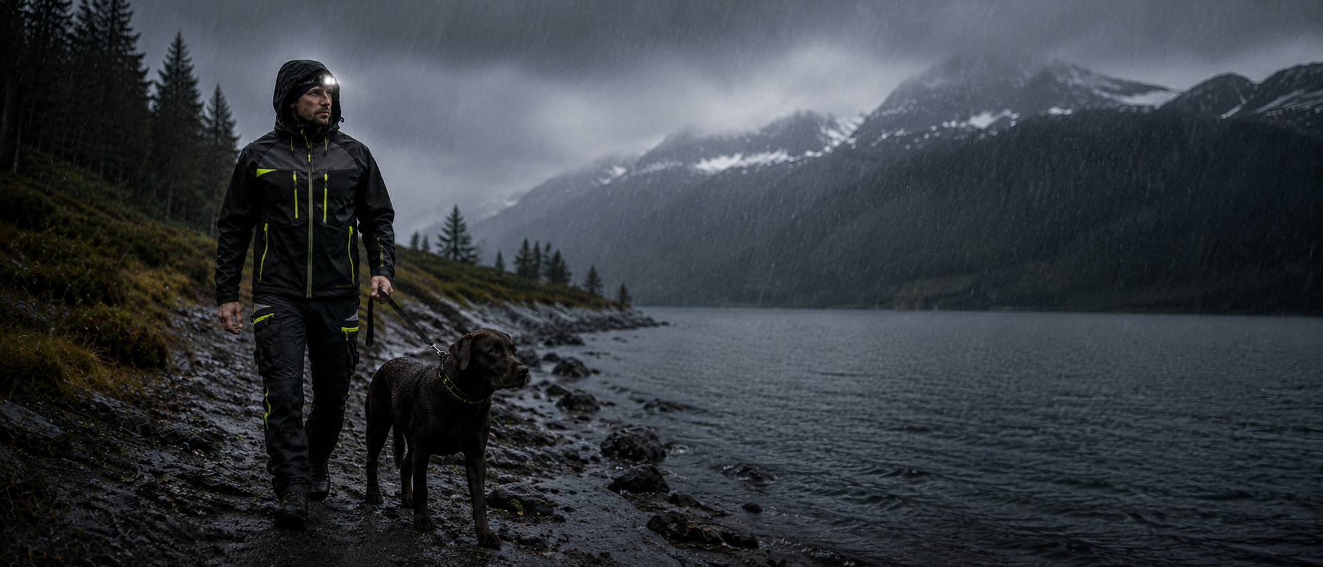 UltraLand - walking the dog beside a mountain lake in the rain